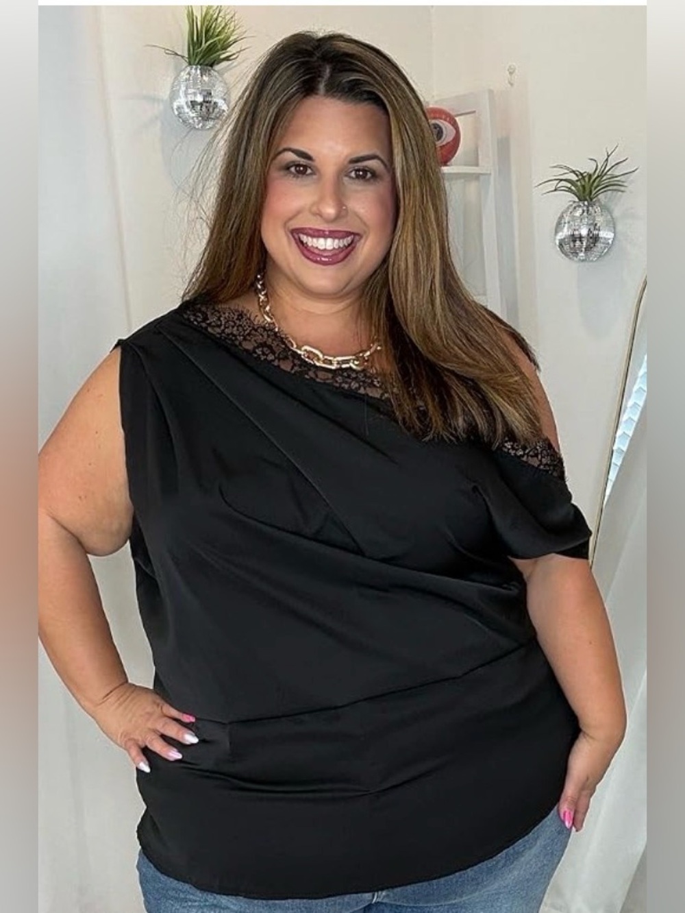 Plus One-Shoulder Black Lace Trim Top